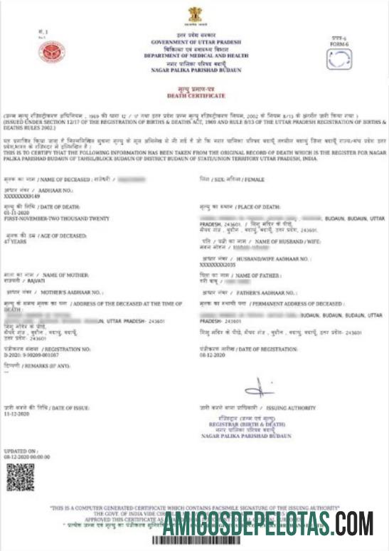 Certidão de óbito do governo da Índia de Uttar Pradesh Nagar Palika Parishad Budaun modelo